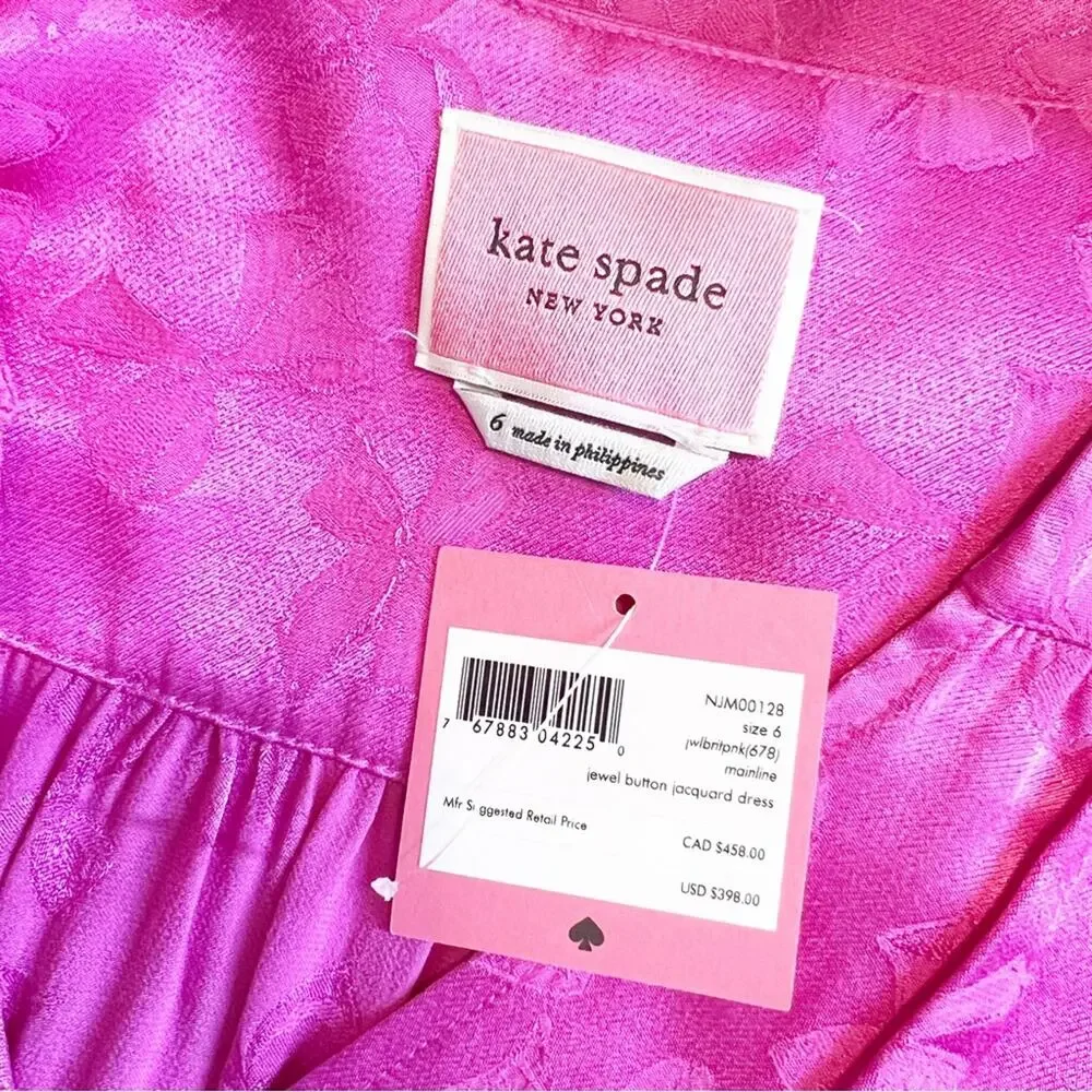 Kate Spade Jewel Button Bow Jacquard Dress Pink Size 6 NWT‎